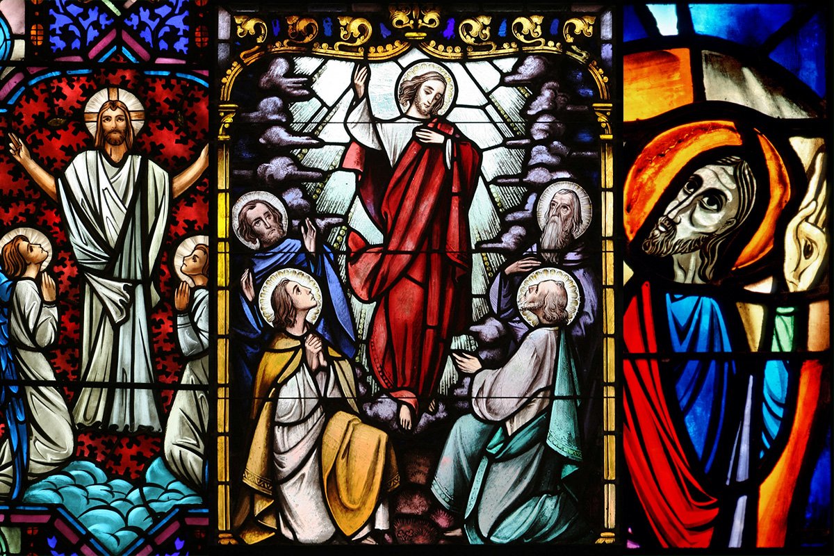 (From left:) Christ’s ascent to heaven is depicted in a stained-glass window at 1) St. Clotilde Church in Chicago (Catholic News Service photo/Karen Callaway, Catholic New World); 2) St. Therese of Lisieux Church in Montauk, N.Y (Catholic News Service photo/Gregory A. Shemitz, Long Island Catholic); 3) St. Mary’s Basilica in Winnipeg, Manitoba (Catholic News Service photo/Crosiers)